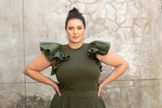 The Cotton Ruffle Sleeve Top - Olive