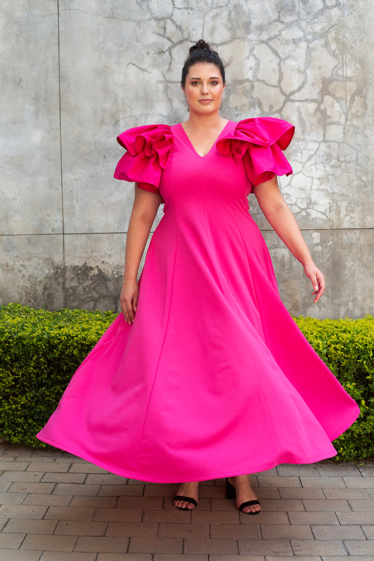 Ruffle Evening Dress - Hot Pink