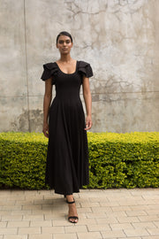 Black Flutter Sleeve Fit and Flare Dress - Ankle Length