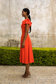 Orange Flutter Sleeve Fit and Flare Dress - Midi length