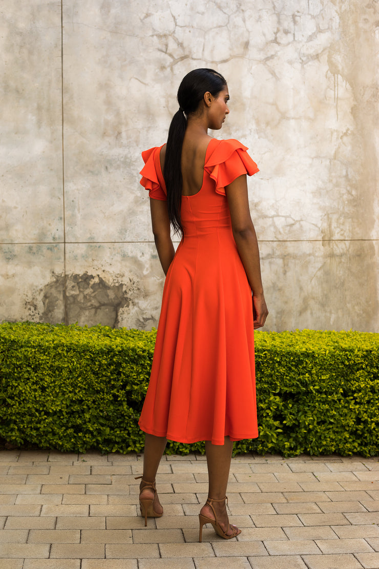 Orange Flutter Sleeve Fit and Flare Dress - Midi length