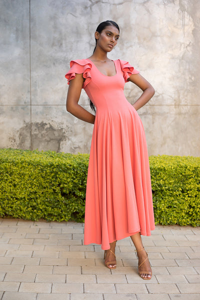 Rose Quartz Flutter Sleeve Fit and Flare Dress - Ankle Length