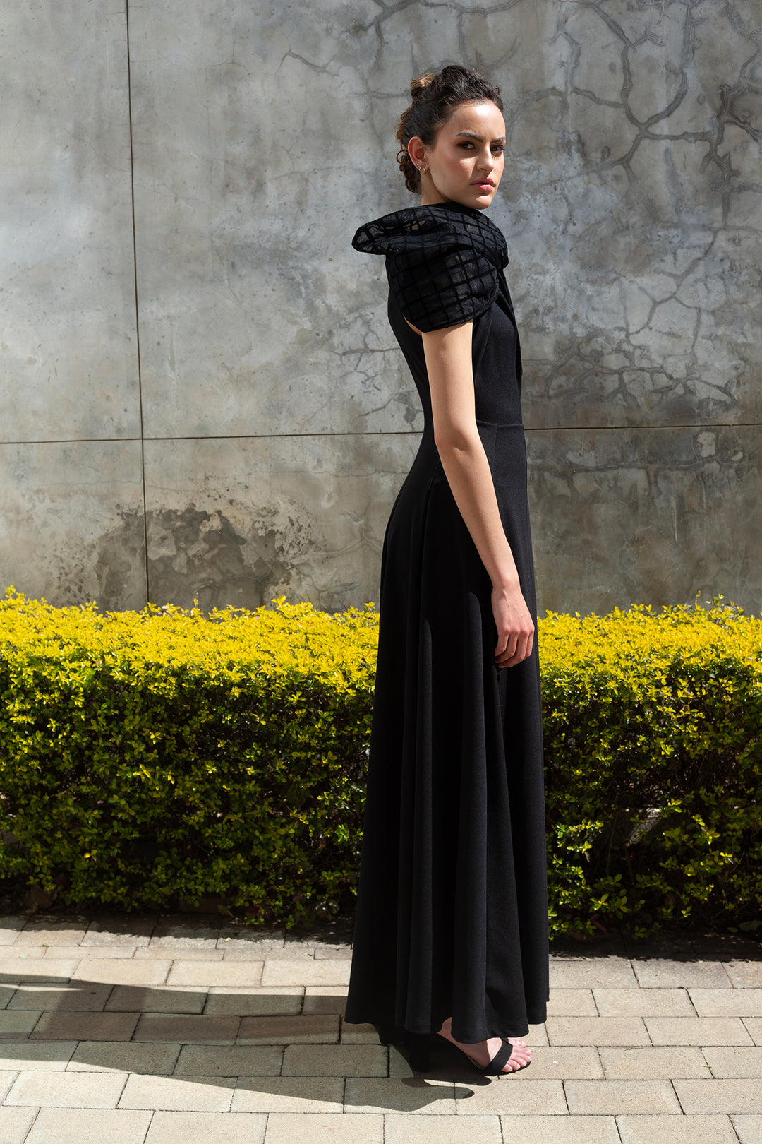The Asymmetrical Drape Dress - Black Grid Mesh ERRE Fashion The Asymmetrical Drape Dress - Black Grid Mesh ERRE Fashion