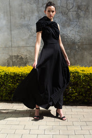 The Asymmetrical Drape Dress - Black Grid Mesh