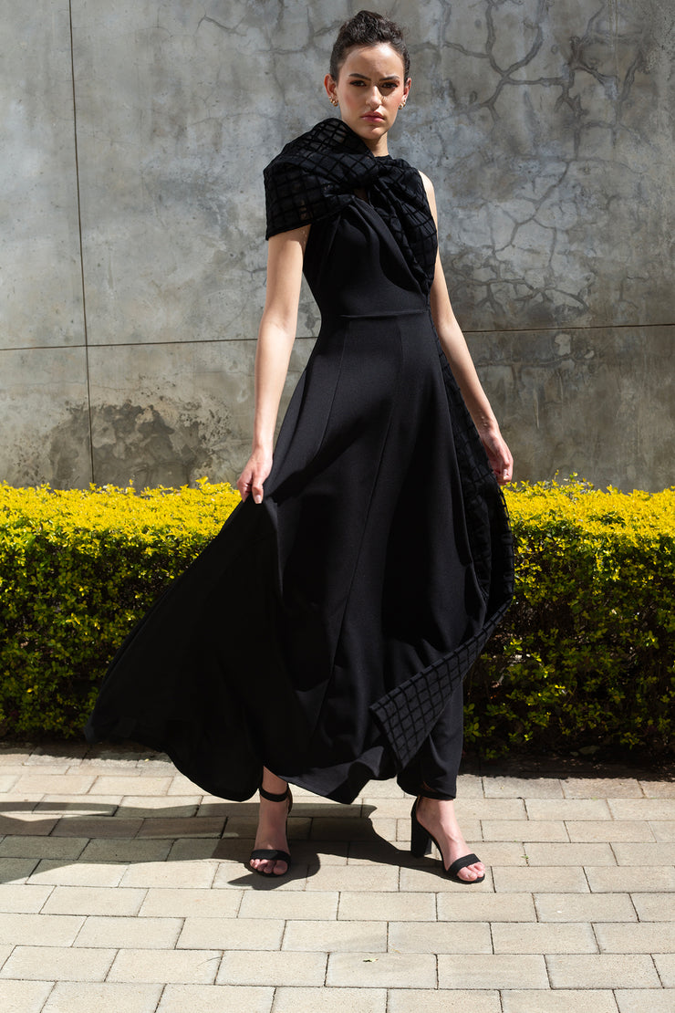 The Asymmetrical Drape Dress - Black Grid Mesh