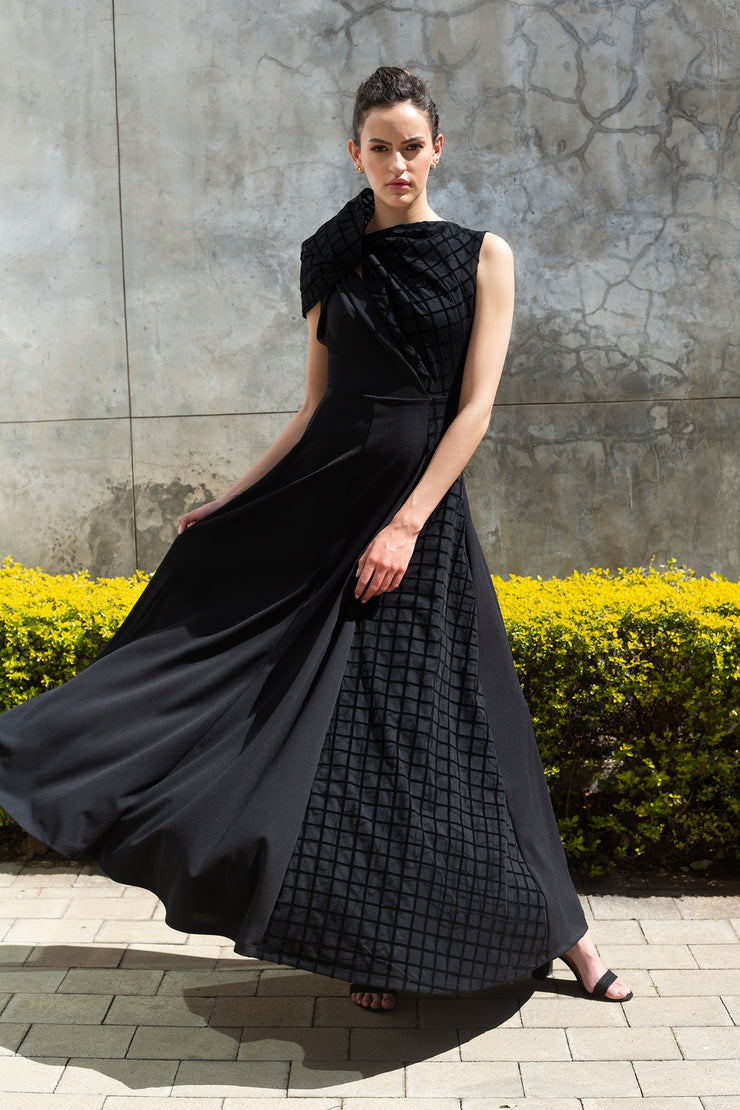 The Asymmetrical Drape Dress - Black Grid Mesh