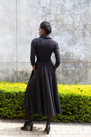 The Fold Wrap Dress Midi 3/4 Sleeve- Black