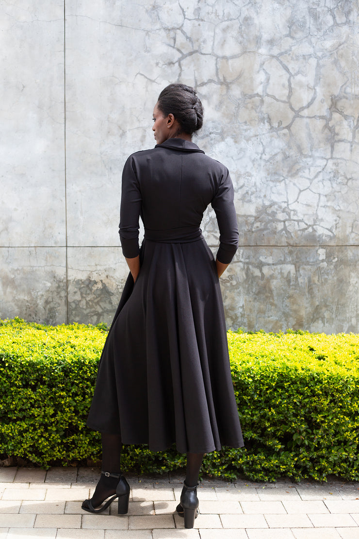 The Fold Wrap Dress Midi 3/4 Sleeve- Black ERRE Fashion The Fold Wrap Dress Midi 3/4 Sleeve- Black ERRE Fashion