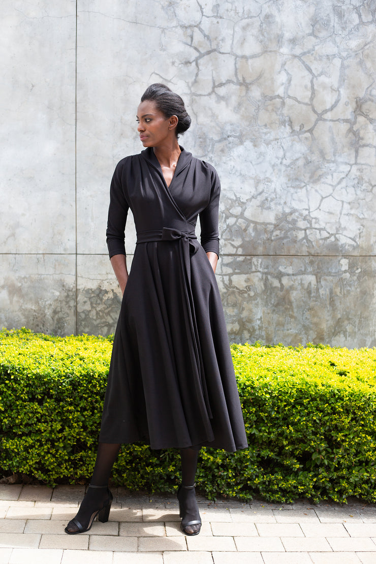 The Fold Wrap Dress Midi 3/4 Sleeve- Black ERRE Fashion The Fold Wrap Dress Midi 3/4 Sleeve- Black ERRE Fashion