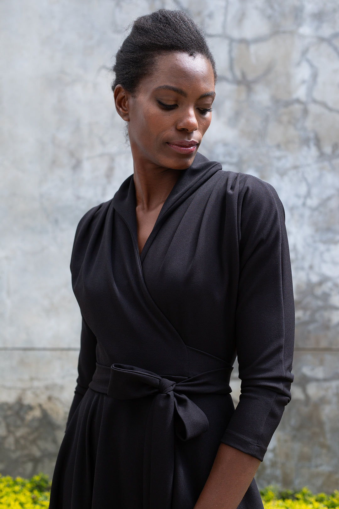 The Fold Wrap Dress Midi 3/4 Sleeve- Black ERRE Fashion The Fold Wrap Dress Midi 3/4 Sleeve- Black ERRE Fashion