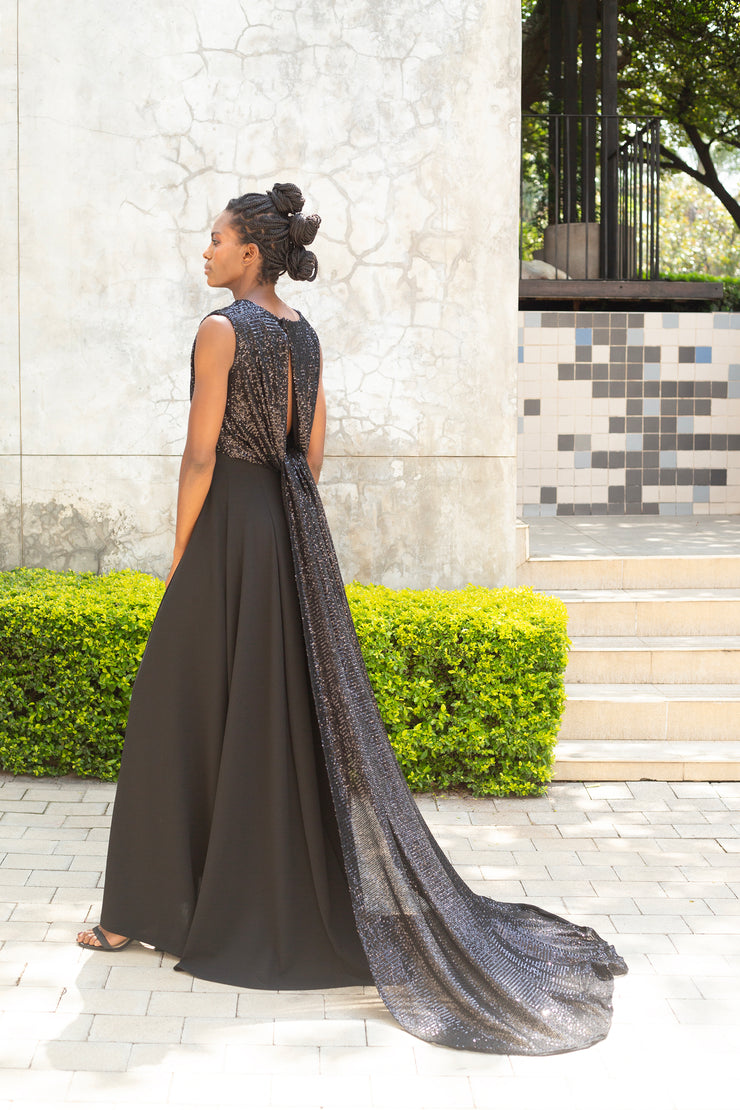 Drape Sequin Evening Dress - Black