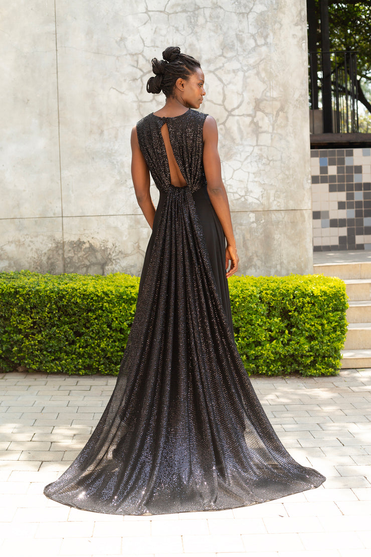 Drape Sequin Evening Dress - Black