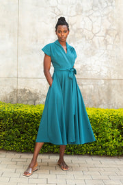 The Fold Wrap Dress Midi Morrocan Blue