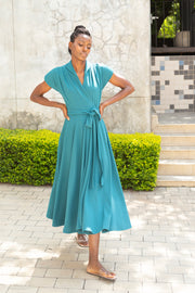 The Fold Wrap Dress Midi Morrocan Blue