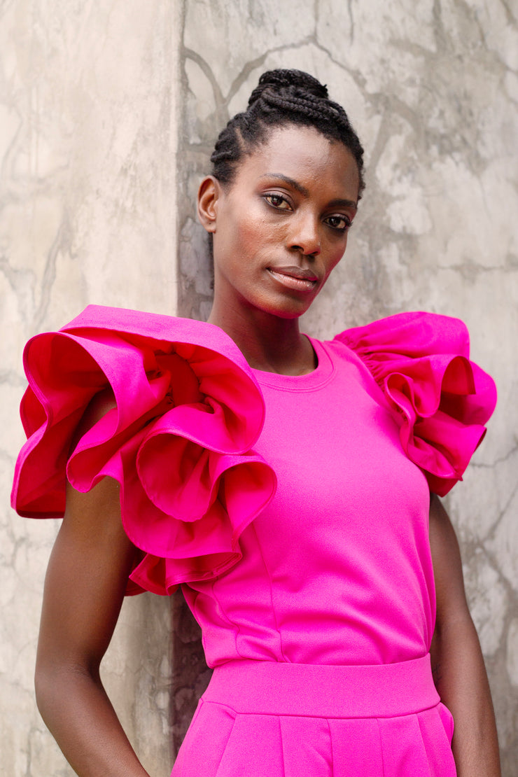 The Cotton Ruffle Sleeve Top - Hot Pink