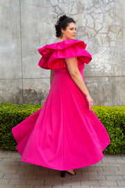 Ruffle Evening Dress - Hot Pink