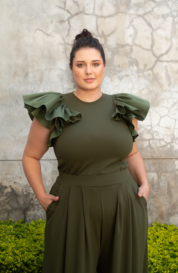 The Cotton Ruffle Sleeve Top - Olive