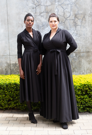 The Fold Wrap Dress Midi 3/4 Sleeve- Black