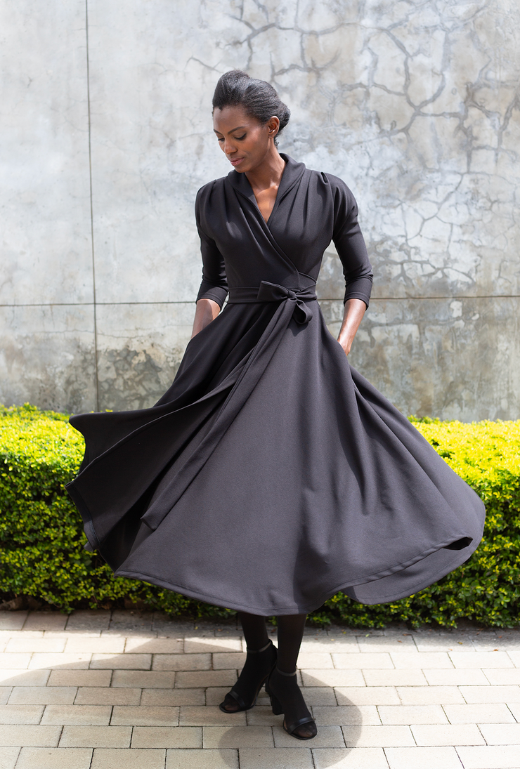 The Fold Wrap Dress Midi 3/4 Sleeve- Black ERRE Fashion The Fold Wrap Dress Midi 3/4 Sleeve- Black ERRE Fashion
