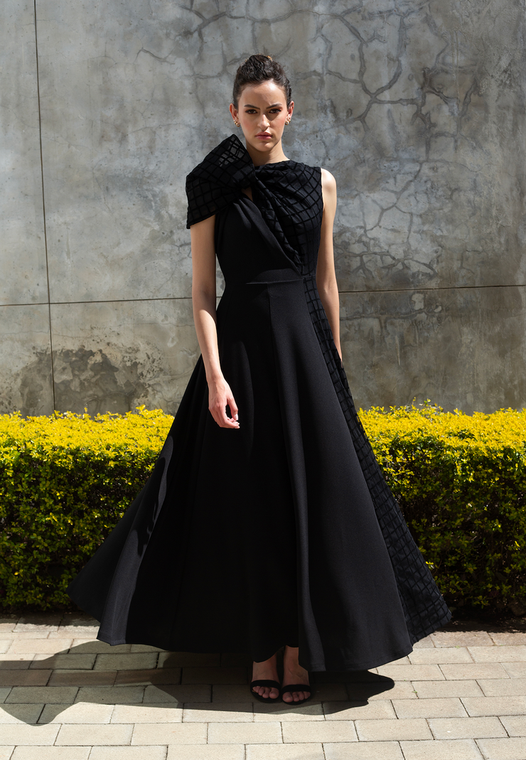 The Asymmetrical Drape Dress - Black Grid Mesh ERRE Fashion The Asymmetrical Drape Dress - Black Grid Mesh ERRE Fashion