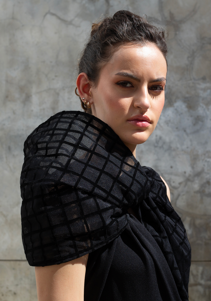 The Asymmetrical Drape Dress - Black Grid Mesh