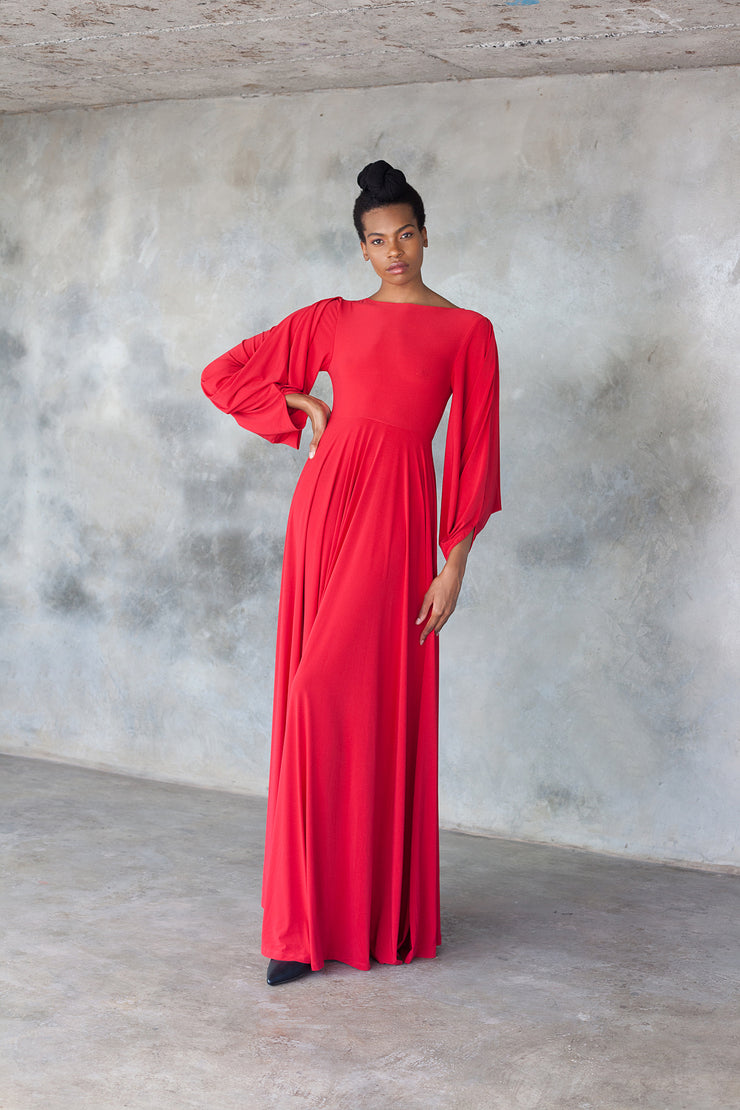 Red Power Sleeve Maxi Dress ERRE Fashion Red Power Sleeve Maxi Dress ERRE Fashion