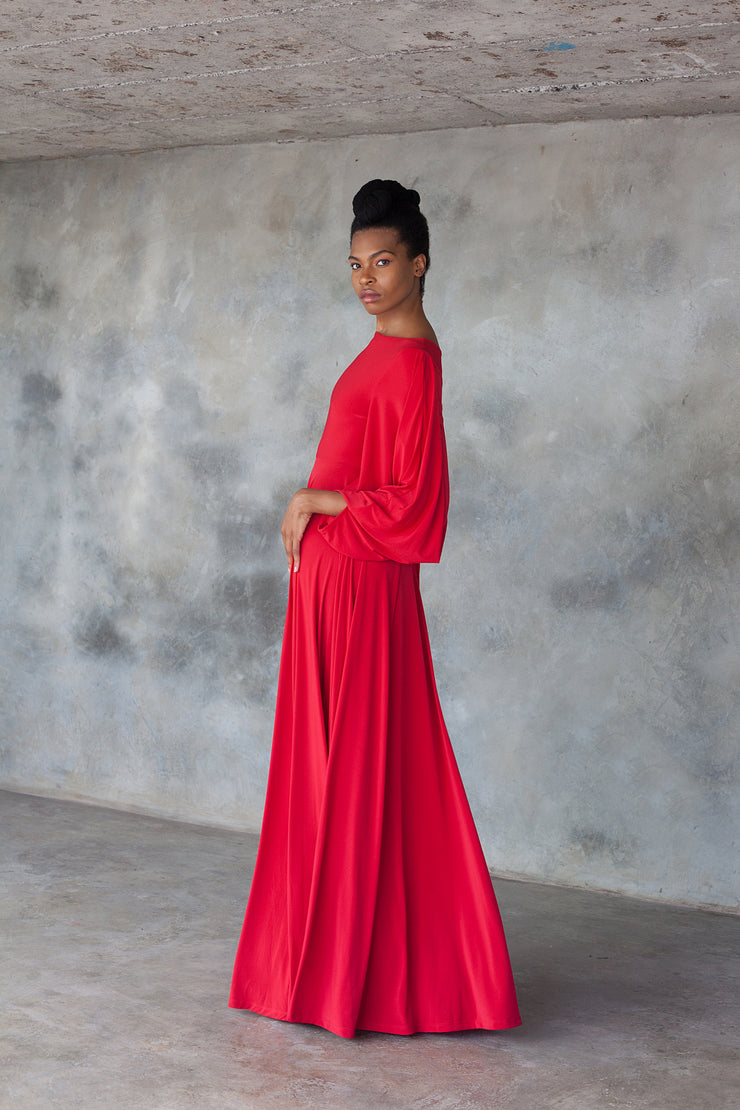 Red maxi dress with statement sleeves