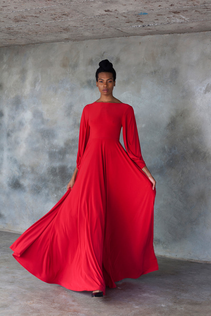 Red maxi dress with statement sleeves