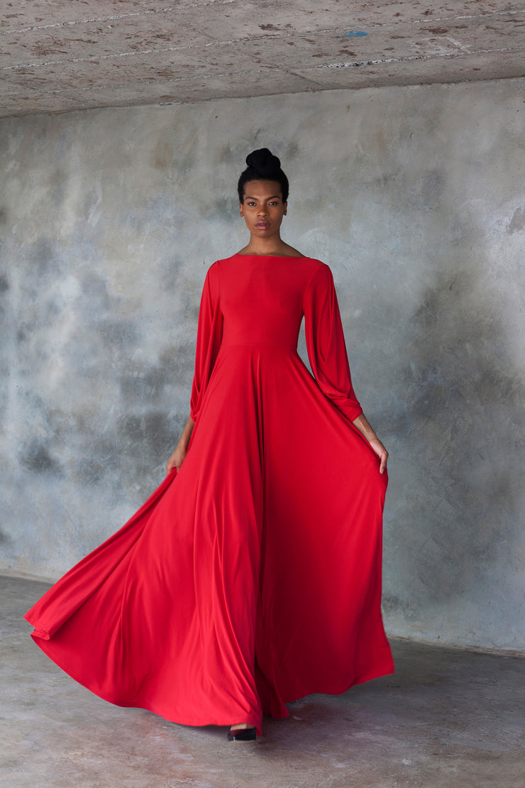 Red Power Sleeve Maxi Dress ERRE Fashion Red Power Sleeve Maxi Dress ERRE Fashion