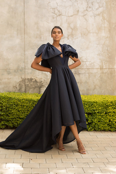 Navy Double Bow Fit and Flare Dress
