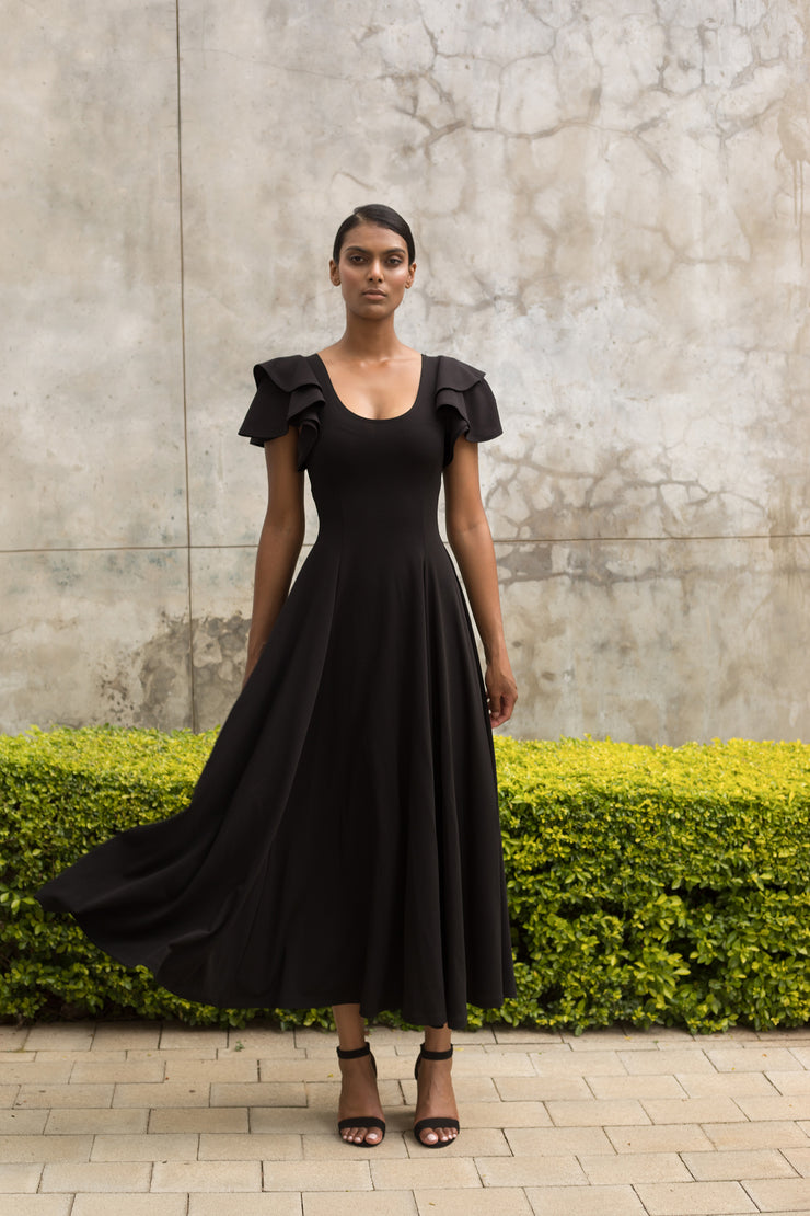 Black Flutter Sleeve Fit and Flare Dress - Ankle Length ERRE Fashion Black Flutter Sleeve Fit and Flare Dress - Ankle Length ERRE Fashion