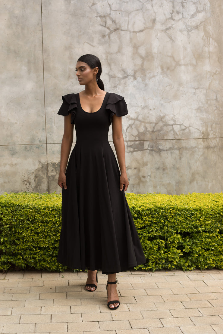 Black Flutter Sleeve Fit and Flare Dress - Ankle Length ERRE Fashion Black Flutter Sleeve Fit and Flare Dress - Ankle Length ERRE Fashion