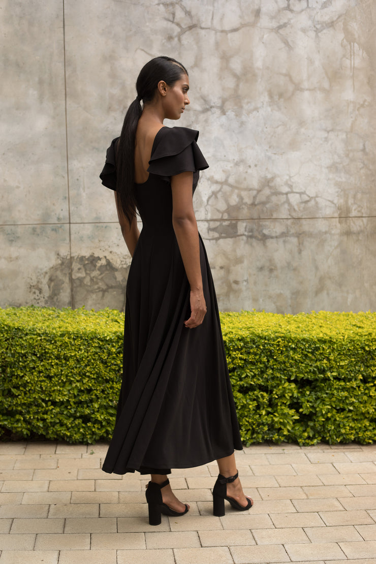 Black Flutter Sleeve Fit and Flare Dress - Ankle Length ERRE Fashion Black Flutter Sleeve Fit and Flare Dress - Ankle Length ERRE Fashion