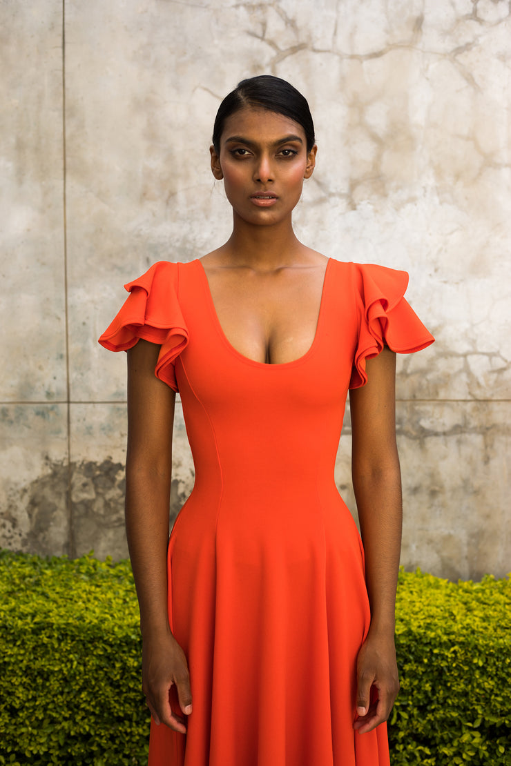 Orange Flutter Sleeve Fit and Flare Dress - Midi length ERRE Fashion Orange Flutter Sleeve Fit and Flare Dress - Midi length ERRE Fashion