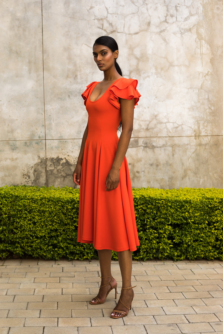 Orange Flutter Sleeve Fit and Flare Dress - Midi length ERRE Fashion Orange Flutter Sleeve Fit and Flare Dress - Midi length ERRE Fashion