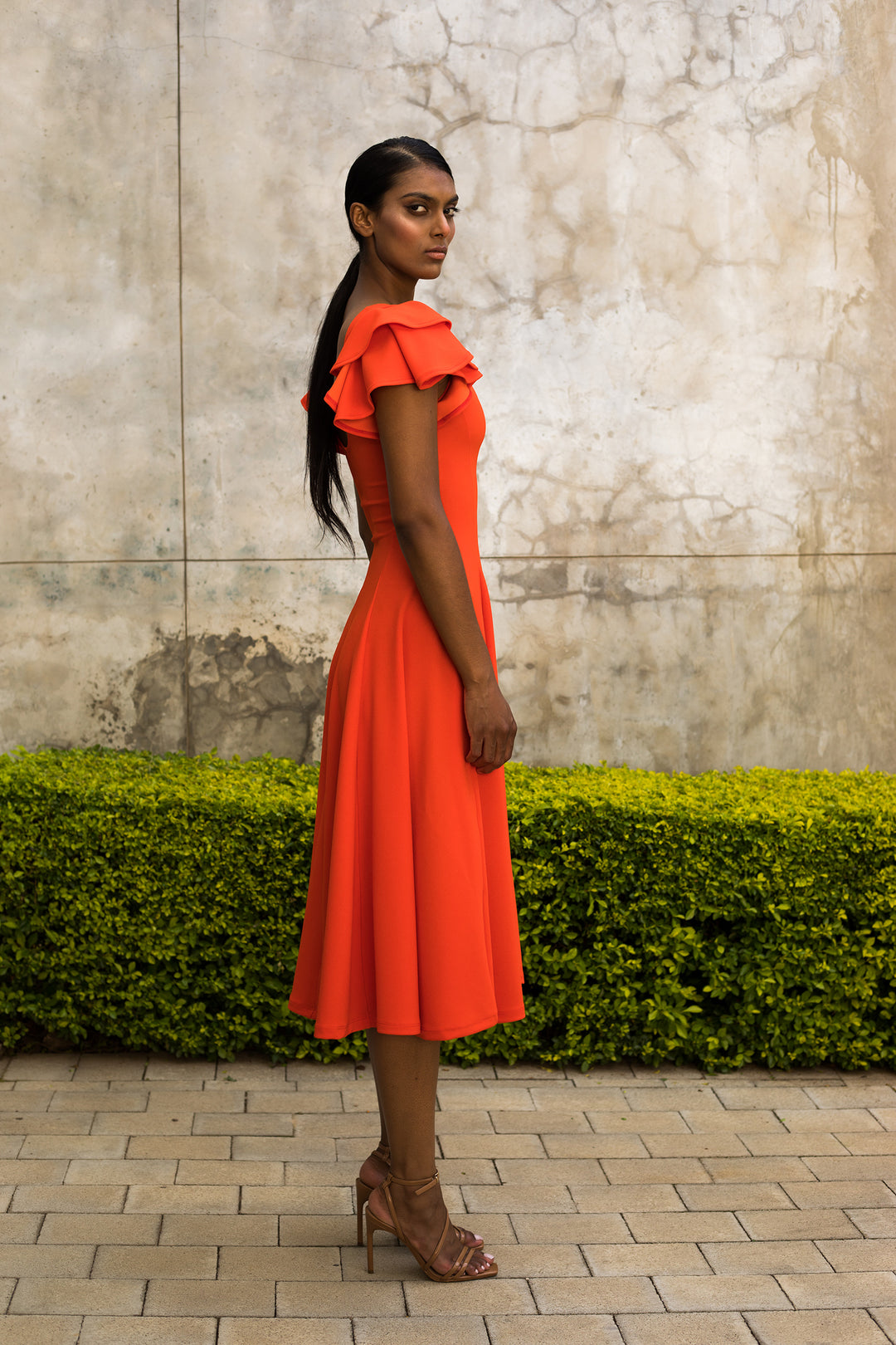 Orange Flutter Sleeve Fit and Flare Dress