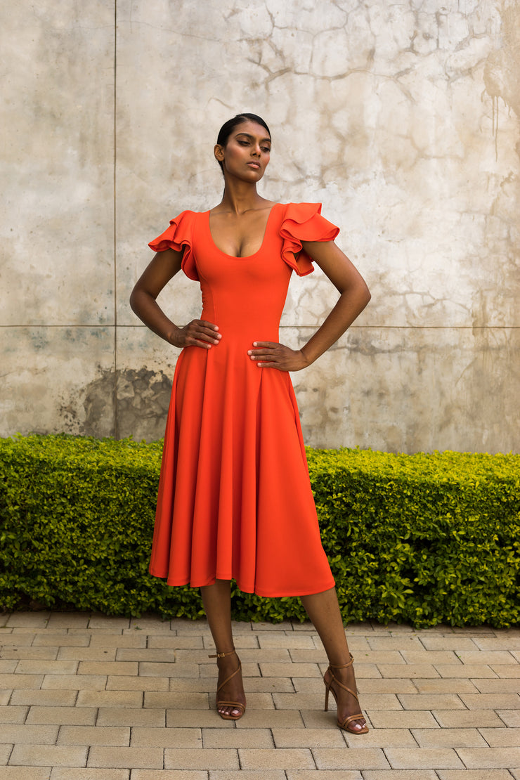 Orange Flutter Sleeve Fit and Flare Dress - Midi length ERRE Fashion Orange Flutter Sleeve Fit and Flare Dress - Midi length ERRE Fashion