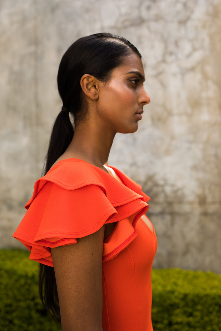 Orange Flutter Sleeve Fit and Flare Dress - Midi length ERRE Fashion Orange Flutter Sleeve Fit and Flare Dress - Midi length ERRE Fashion