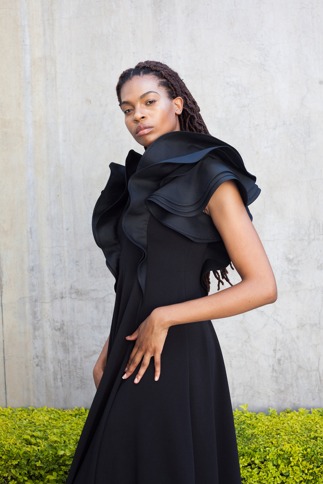 black flounce dress Shani Collection Crepe Dress with Flounce Hem in Black Size 14