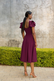 Grape Flutter Sleeve Fit and Flare Dress - Midi length