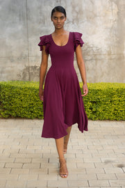 Grape Flutter Sleeve Fit and Flare Dress - Midi length