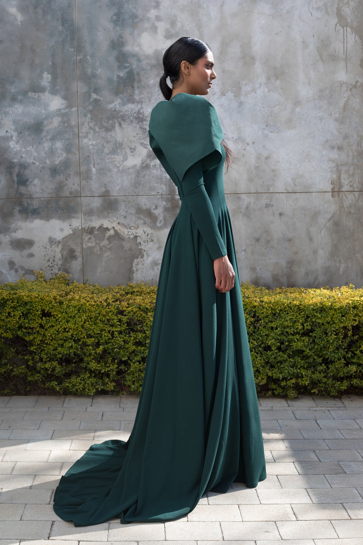Long sleeves lace appliqués velvet peacock green prom dresses removabl –  Anna's Couture Dresses